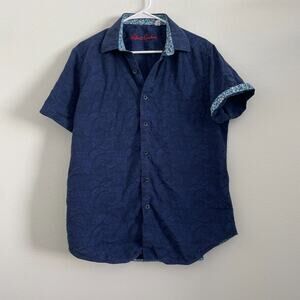 Robert Graham Shirt Mens L Blue Button Up Flip Cuff Vegas Casual Wave Pattern